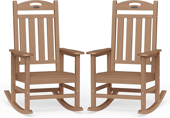 Oversized Outdoor Rocking Chair Set of 2, HDPE AllWeather Resistant Rocking Chairs for Patio,High Back Porch Rocker Chair, 380lbsCapacity, Teak