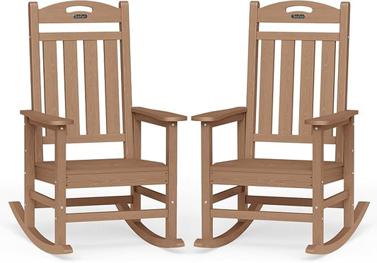 Oversized Outdoor Rocking Chair Set of 2, HDPE AllWeather Resistant Rocking Chairs for Patio,High Back Porch Rocker Chair, 380lbsCapacity, Teak