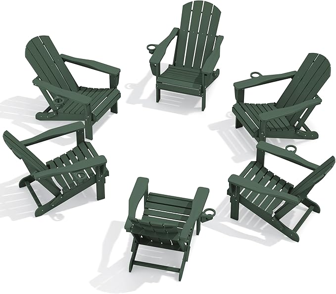 SERWALL Folding Adirondack Chair Set of 6, Reclining Adirondack Chair with 3 Recline Positions, All Weather HDPE Outdoor Adirondack, Green