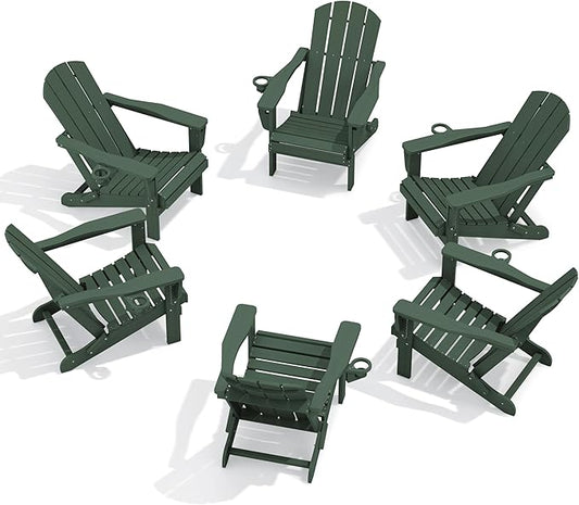 SERWALL Folding Adirondack Chair Set of 6, Reclining Adirondack Chair with 3 Recline Positions, All Weather HDPE Outdoor Adirondack, Green