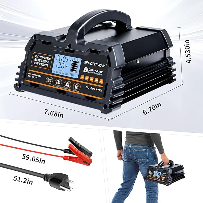 20A 12V/24V Battery Charger,Lead Acid Charger, 12V LiFePO4 Charger. Smart Battery Charger with Trickle Charge.Car Battery Maintainer with LCD Display. Suitable for Trucks,AMG,Motorcycles