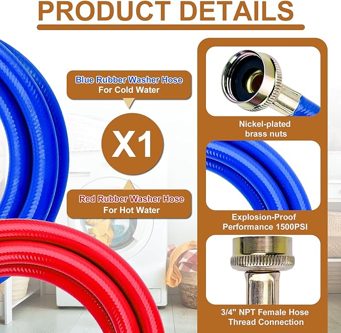 10FT Rubber Washing Machine Hoses Burst Proof 2 Pack For Hot and Cold Water 3/4" NPT Connection Water Supply Lines by Cenipar Fit for ALL Washing Machine