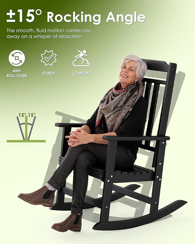 GREENVINES Outdoor-Rocking-Chairs-Set-of-4 | HDPE Plastic | Patio Rockers | Porch Rocker Chair | Oversized | High Back | Big & Tall | Black