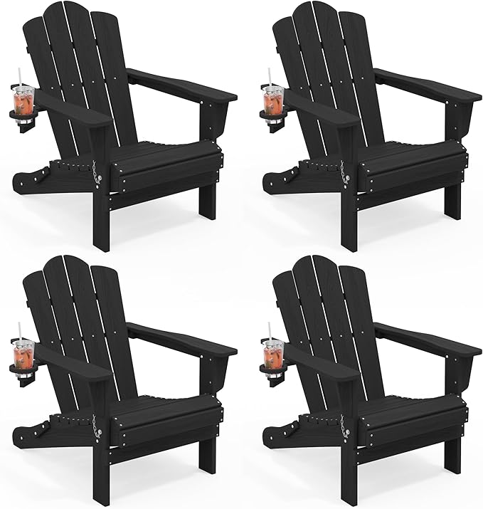 KINGYES Folding Adirondack Chair Set of 4, HDPE All-Weather Patio Chairs with Cup Holder, Wooden Textured Fire Pit Chairs for Poolside, Backyard, Deck, Black