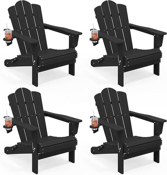 KINGYES Folding Adirondack Chair Set of 4, HDPE All-Weather Patio Chairs with Cup Holder, Wooden Textured Fire Pit Chairs for Poolside, Backyard, Deck, Black