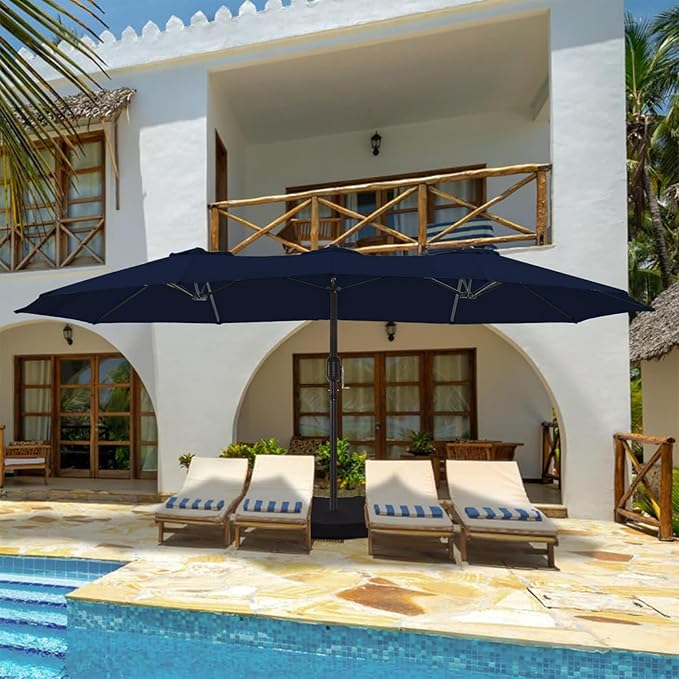 wikiwiki 15ft Large Patio Umbrellas with Base Included, Outdoor Double-Sided Umbrella with Crank Handle, Powerful UV Protective, for Pool Lawn Garden, Navy Blue