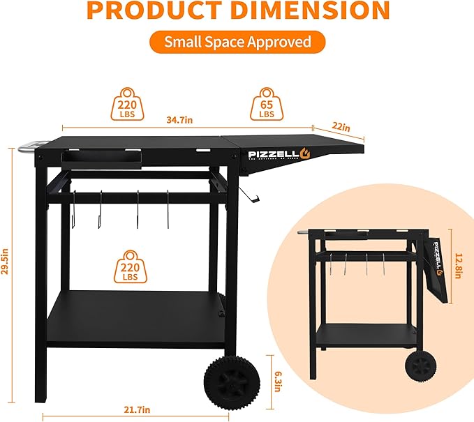 PIZZELLO Outdoor Grill Table Cart 35" x 22" Movable Pizza Oven Stand Foldable Double-Shelf Grill Cart Food Prep Trolley Dining Cart Fit for Ooni Ninja Woodfire Blackstone Pizza Oven