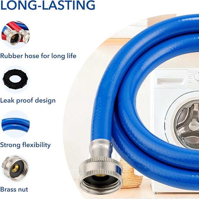10 FT Rubber Washing Machine Hoses, Red and Blue Washer Hoses,Burst Proof Hot & Cold Water Connection Inlet Washer Supply Lines Universal for All Standard Wash Machines