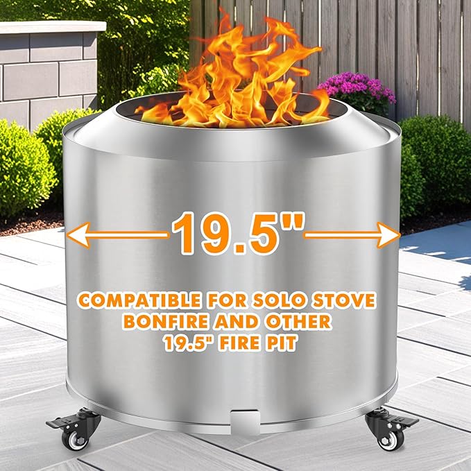 Fire Pit Stand Compatible with Solo Stove Bonfire and Other 19.5" Fire Pit, Firepit Stand with Wheels,Easy to Move,Rust Proof 304 Stainless Steel Fire Stove Accessories for Patio Camping Outdoor