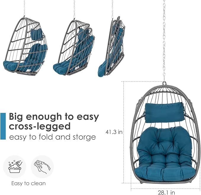Brafab Egg Swing Chair Without Stand Outdoor Indoor, Foldable Swing Chair Hanging Egg Chairs, Aluminum Frame and UV Resistant Cushion Hammock Chair for Bedroom Patio Porch (Without Stand)