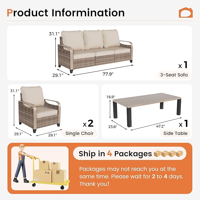 UDPATIO 4-Piece Patio Furniture Set, Outdoor Couch with 105-Degree Ergonomic High Back, Yellow Rattan Patio Conversation Sets for Deck, Yard, and Poolside, Beige