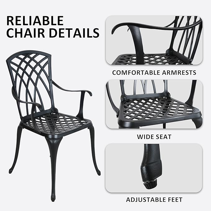 Bistro Patio Set 3 Piece,Cast Aluminum Bistro Table and Chairs Set of 2 with Umbrella Hole,All Weather Bistro Table Set for Yard Garden,Outdoor/Indoor Use,Black