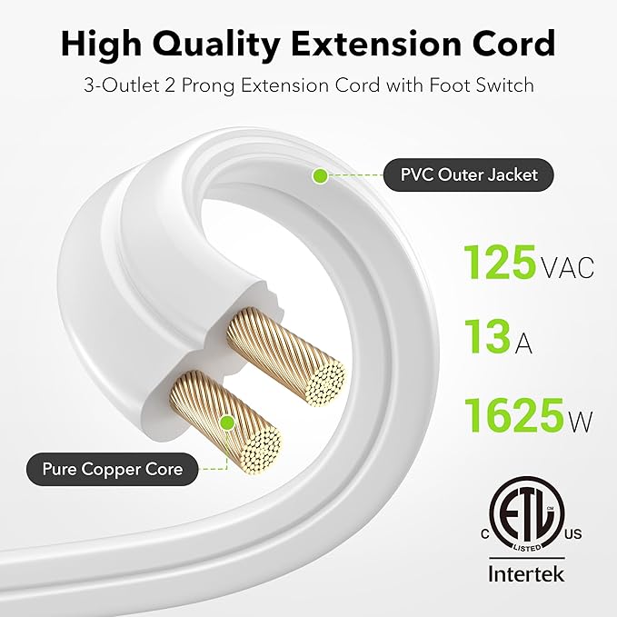 BN-LINK 12ft Extension Cord with Footswitch 16/2 SPT-2, 3-Outlet Indoor Extension Cord with On Off Switch, for Christmas Tree and Holiday Decorations, White