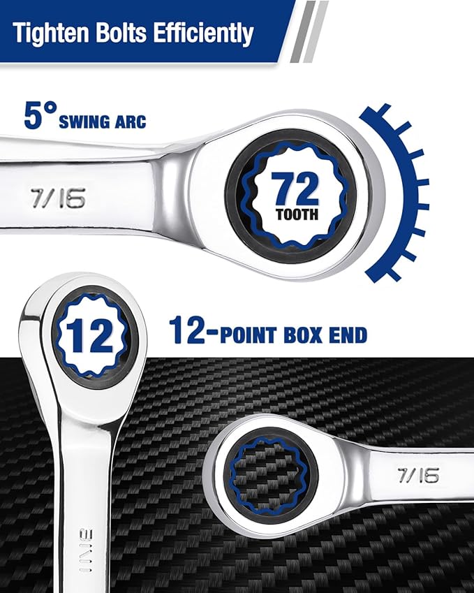 WORKPRO 7/16" Ratcheting Combination Wrench SAE, CR-V Constructed with Mirror Polish Chrome Plating, 12-Point Design, 15-Degree Offset