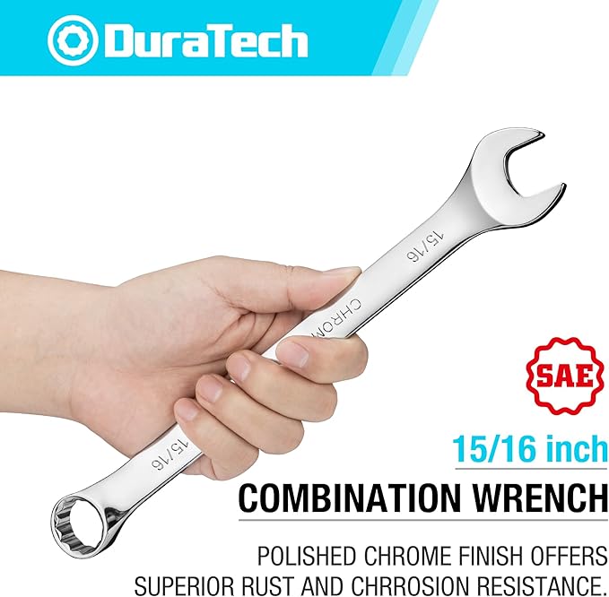 DURATECH 15/16" Combination Wrench, SAE, CR-V Constructed with Mirror Polish, 12-Point, 15-Degree Offset
