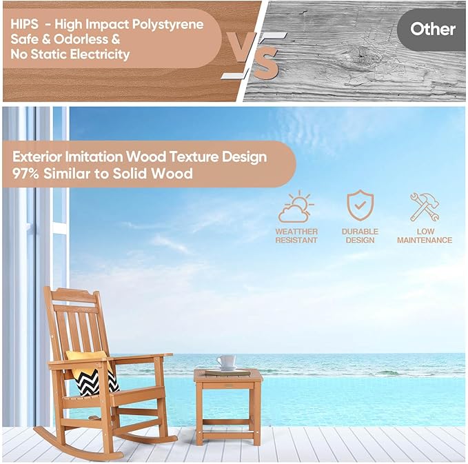 Rocking Chairs Set of 2, All Weather Resistant Poly Lumber Outdoor Porch Rocker, Rocking Chairs for Outdoor, Indoor, Patio, Deck, Garden, Backyard, Load Bearing 380 lbs - Teak