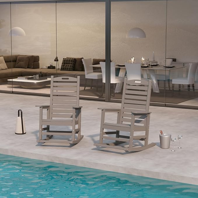 Outdoor Rocking Chairs Set of 2 with Footrest, HDPE Modern Rocking Lawn Chair for Garden, Poolside, Deck (Grey)