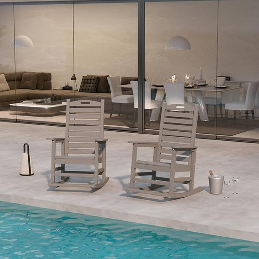 Outdoor Rocking Chairs Set of 2 with Footrest, HDPE Modern Rocking Lawn Chair for Garden, Poolside, Deck (Grey)