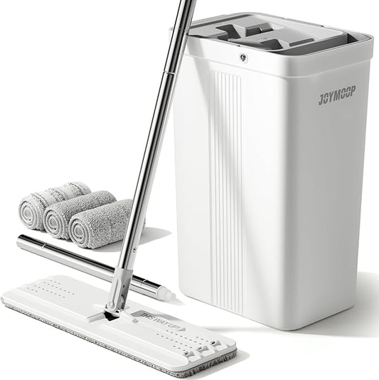 JOYMOOP Mop and Bucket with Wringer Set, White Flat Squeeze Bucket Set for Floor Cleaning, Wet Dry Wall Cleaner with Long Handle, Hardwood Floor Mop-3 Microfiber Cloths