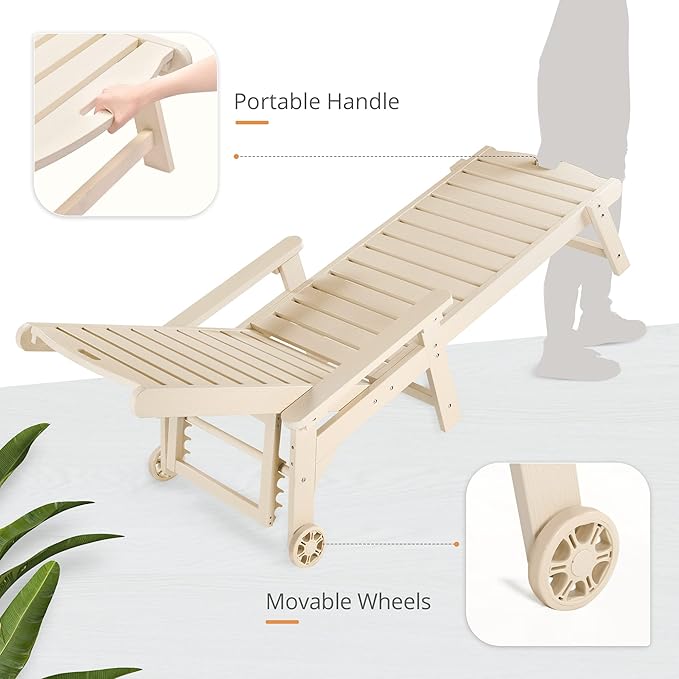 LUE BONA Chaise Lounge Chair with Table, 2-Piece, 79'' Oversized HDPS Chaise Lounger, 5 Positions Adjustable Lounge Chairs, Pool Lounge Chair with Wheels for Poolside, Backyard, 3 Year Warranty, Sand
