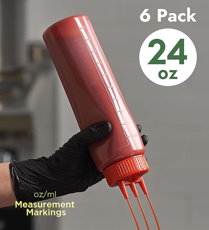 CURTA 6-Pack 24 oz Clear Squeeze Bottle with 3 Open Tips, BPA-Free Easy-to-Squeeze Plastic Condiment Dispenser with oz & ml Markings for Sauce, Oil, Dressing, Dishwasher Safe, Red