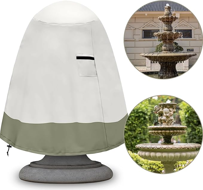 Fountain Cover（48"x68"） 600D Oxford Cloth Garden Fountain Statue Protective Cover, Fountain Protector with Drawstring Weather Resistant for Winter Outdoor Patio Fountain (48"x68"- khaki)