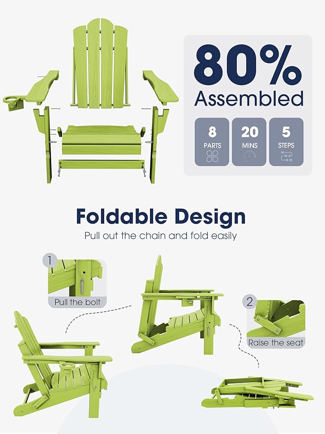 KINGYES Adjustable Folding Adirondack Chair Set of 2, 3-Position Reclining Adirondack Chairs with Cup Holder, HDPE All-Weather Oversized Adirondack for Outdoor, Patio, Deck, Fire Pit, Apple Green