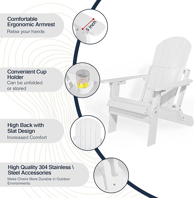 Folding Adirondack Chairs Set of 2, All Weather Resistant Plastic Chair with Cup Holder, Fold or Unfold Easily in 1 Second, Outdoor Chairs for Patio, Garden, Backyard Deck, Lawn, Fire Pit(White)