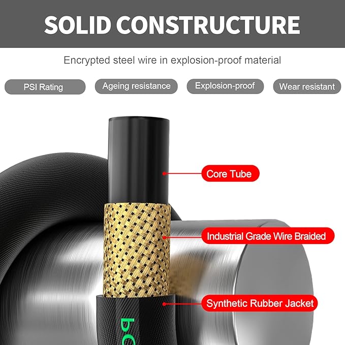 POHIR Pressure Washer Hose 100 ft 3/8 Inch for Cold and Hot Water 248°F End 3/8'' Quick Connect, 4800psi Kink Resistant Industrial Grade Steel Wire Braided, 2pcs M22-14mm Swivel to 3/8'' Adapter Kit