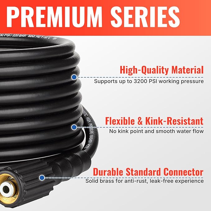 YAMATIC Pressure Washer Hose 100FT 1/4" Kink Resistant M22 Brass Fitting Power Washer Hose Replacement for Ryobi, Troy Bilt, Greenworks, CRAFTSMAN & More High PressureWashers, 3200 PSI