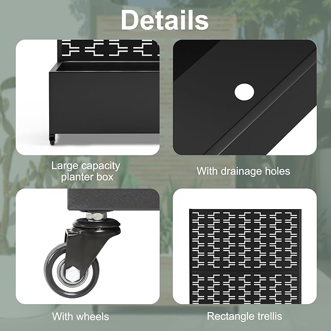 Planter Box with Trellis and Wheels, Metal Privacy Screen with Garden Beds Outdoor for Climbing Plants, Standing Planter Boxes with Drainage Holes (35" L×16" W×71" H, Black Rectangle)