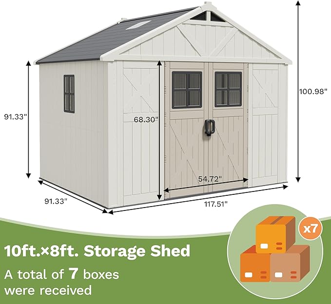 Patiowell 10 x 8 FT Outdoor Storage Shed, Plastic Shed with Floor and Skylight, Resin Storage Shed with Four-Window and Lockable Door for Garden, Patio, Backyard, Beige