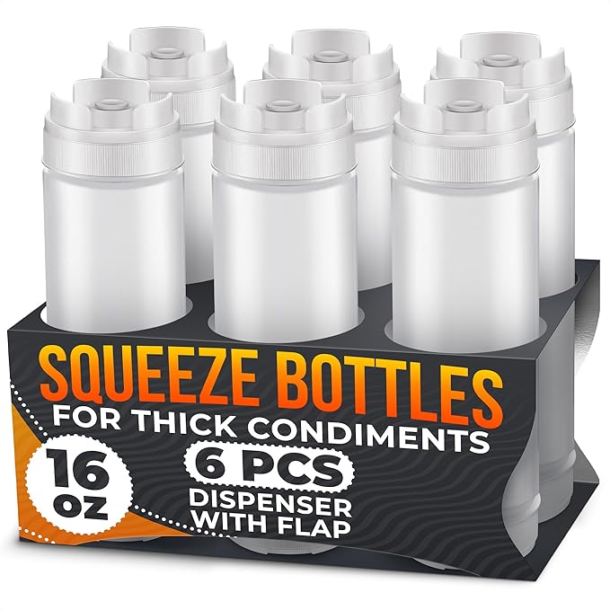 Set of 6 Condiment Squeeze Bottles for Sauces 16 oz – Easy-to-Fill Clear Bottles with Self-Closing Valve | Ready for Dressings, Ketchup, Mustard, Honey Jars & More, Durable, Reusable, Mess-Free Design