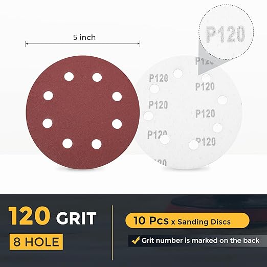 HARFINGTON 10 Pcs 7 Inch Sanding Discs, 120 Grit Hook and Loop Sandpaper, 8-Hole Aluminum Oxide Orbital Sander Sandpaper for Woodworking Automotive Metal Polishing, Red