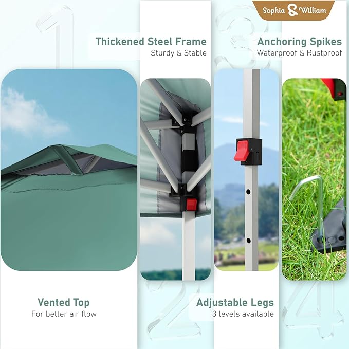 Sophia & William Canopy Tent Pop Up 10x10 ft, Outdoor Patio Portable Commercial Canopies Shelter Heavy Duty Straight Legs with Roller Bag, 8 Stakes, 4 Guy Ropes, UPF50+, Green