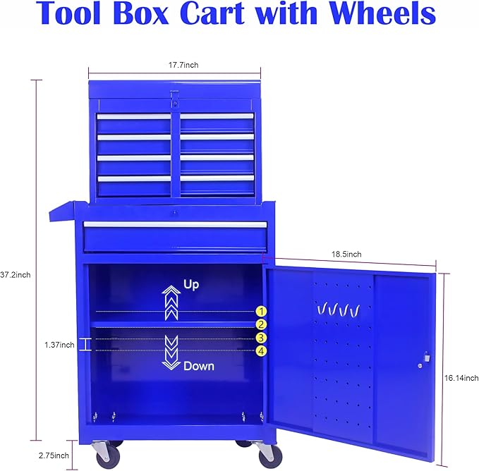 5 Drawer Rolling Tool Chest,Tool Storage Cabinet & Tool Box Cart with Wheels, Big Tools Removable Tool Box Combo,Tools Storage Boxs,Tools Case for Garage Warehouse Workshop (Blue)