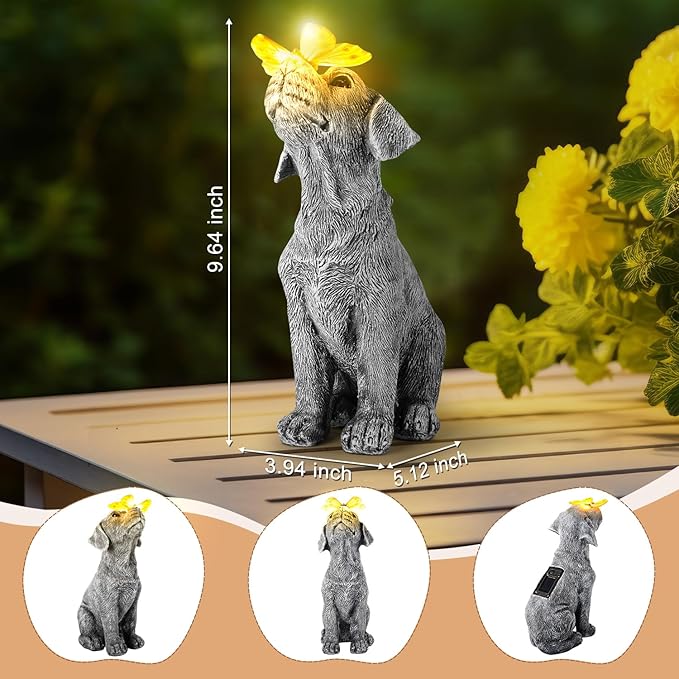 Garden Statues Dog Statue with Solar Butterfly, Ideal Gifts for Friends or Family's Birthday, Outdoor Decorations for Yard