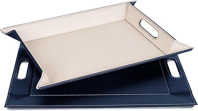 PLACEsMAT 2-in-1 Faux Leather Placemat & Serving Tray | Reversible Design, Lays Flat & Easy to Clean | Ottoman Food Tray, Perfect Housewarming Gift, 18” x 14” (Navy Blue & Ivory, Single)