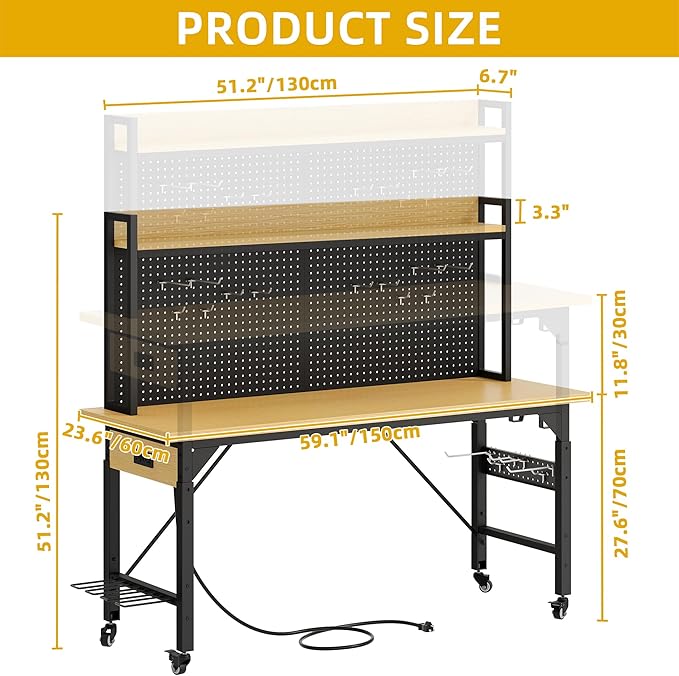 DWVO 60" Adjustable Workbench with Pegboard, Heavy Duty Wood Top Work Bench with Wheels, 1600 LBS Load Capacity, Rolling Work Table with AC/USB Outlet, Hooks, Rack for Garage, Workshop, Office, Home