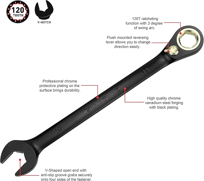 STARWORK TRUE MECHANIC™ 20 Pc. 120T Reversible Ratcheting Combination Wrench Set, Long Pattern, SAE, Metric, Professional, With Portable Roll-Up Pouch Bag