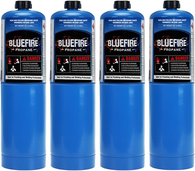 Pack of 4 BLUEFIRE Standard Propane Gas Cylinder/Canister,Propane Cylinder Propane Tank Small Propane Tanks,for Soldering, Brazing,Cooking Grilling Gardening and Camping
