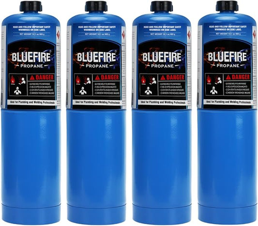 Pack of 4 BLUEFIRE Standard Propane Gas Cylinder/Canister,Propane Cylinder Propane Tank Small Propane Tanks,for Soldering, Brazing,Cooking Grilling Gardening and Camping
