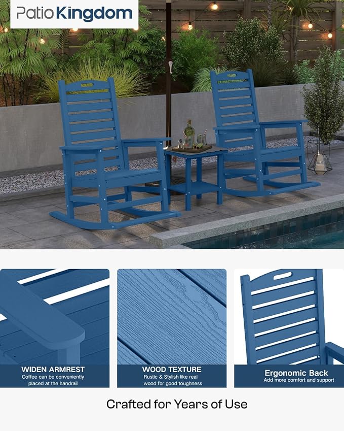 Outdoor Rocking Chairs Set of 2 with Footrest, HDPE Modern Rocking Lawn Chair for Garden, Poolside, Deck (Navy Blue)