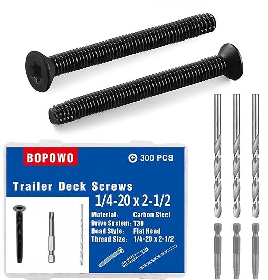 (300pcs) 1/4-20 x 2 1/2 Flat Head Thread Cutting Trailer Deck Screws, Type F, (Star - Six Lobe - Torx Drive), Black Phosphate Finish, Countersunk, T-30 Drive and 7/32 Drill bit