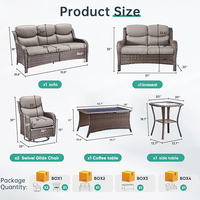 Outdoor Swivel Rocker Patio Chairs Set of 9 with 5" Thick Cushions ,9 Piece Furniture Set with Fire Pit Table All Weather Wicker Conversation Set for Porch Deck - Brown Wicker | Grey Cushions