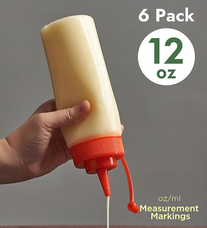 CURTA 6-Pack 12 oz Clear Squeeze Bottle with Cap, BPA-Free Easy-to-Squeeze Plastic Condiment Dispenser with oz & ml Markings for Sauce, Oil, Dressing, Dishwasher Safe, Red