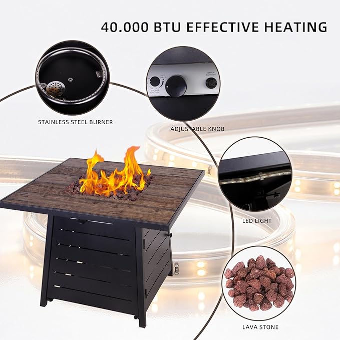 Afterglow Outdoor 32" Propane Fire Pit Table, 40000 BTU Firepit w LED Lighting, Weather Resistant Cover and Lava Rocks, Terra Fab Top and Steel Base for Outside Patio Backyard Garden