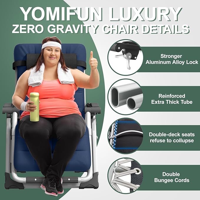 XXL Zero Gravity Lounge Chair 33", Oversized Padded Folding Recliner for Patio with Storage Bag, Removable Cushion, Footrest, Full Aluminum Lock & Large Cup Holder, Supports 500 lbs, Blue