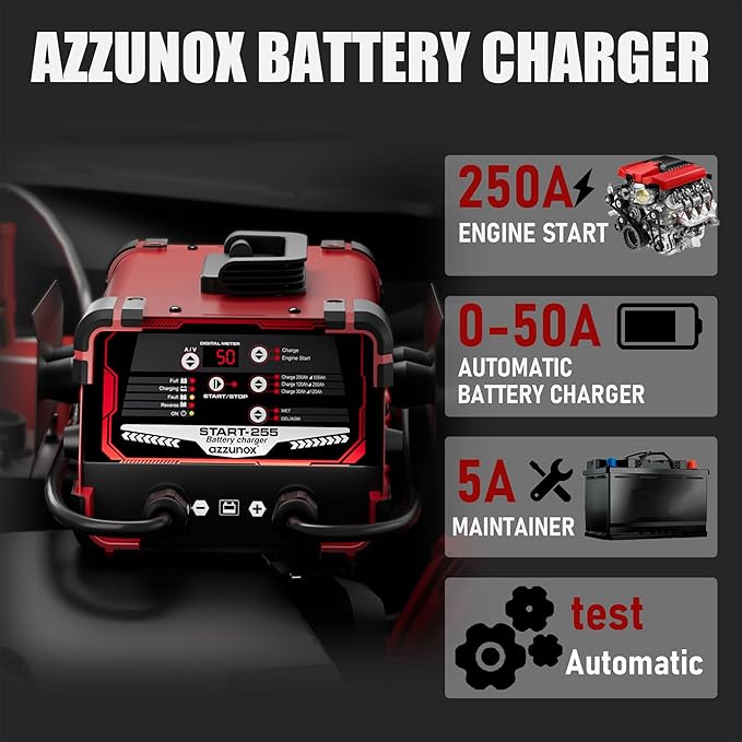 12V 24V Car Battery Charger and 250A Engine Starter, 5-in-1 Solution, Maintainer, 50A Boost, for 12V/24V Power Sport, Automotive, and Marine Batteries