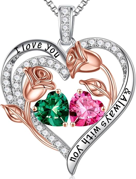 Iefil Christmas Gifts for Women Wife - 925 Sterling Silver Rose Heart Birthstone Necklace Birthday Anniversary Jewelry Gifts for Her Wife Mom Daughter